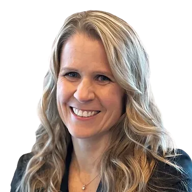 A woman with long blonde hair is smiling for the camera.