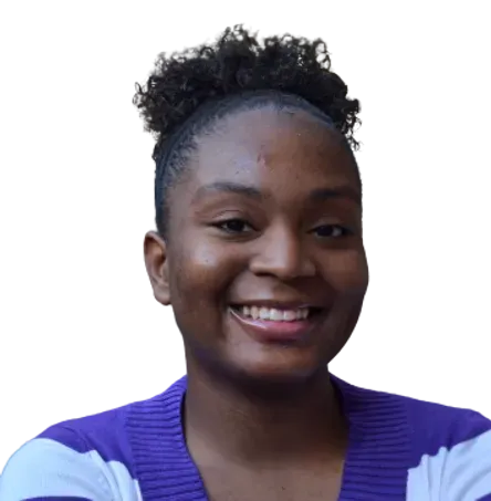 A woman wearing a purple and white striped sweater is smiling