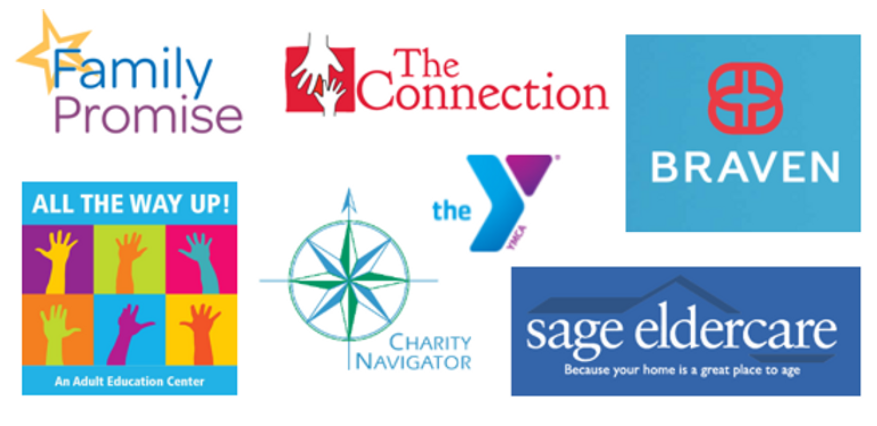 A collage of logos including family promise the connection braven and sage eldercare