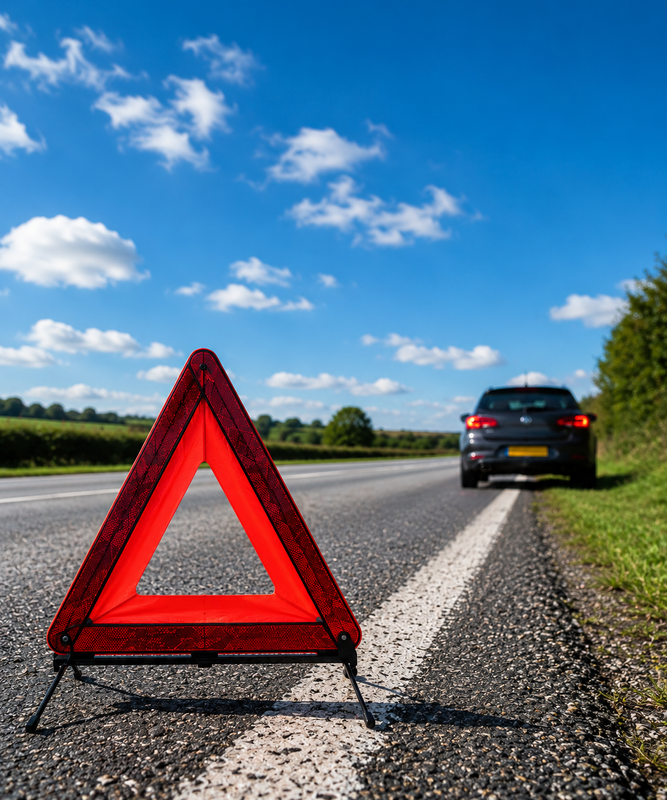 Red roadside warning triangle on a highway shoulder with a car stopped ahead under a blue sky.