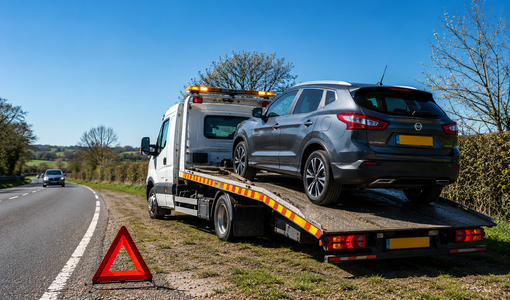 Tow truck loading a gray SUV on the roadside with a warning triangle nearby
