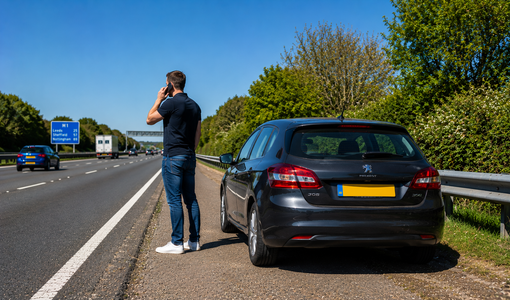 Man standing on a highway shoulder beside a parked black car, talking on a phone.