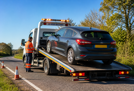 Tow truck loading a damaged gray car on a roadside, with a worker standing nearby.