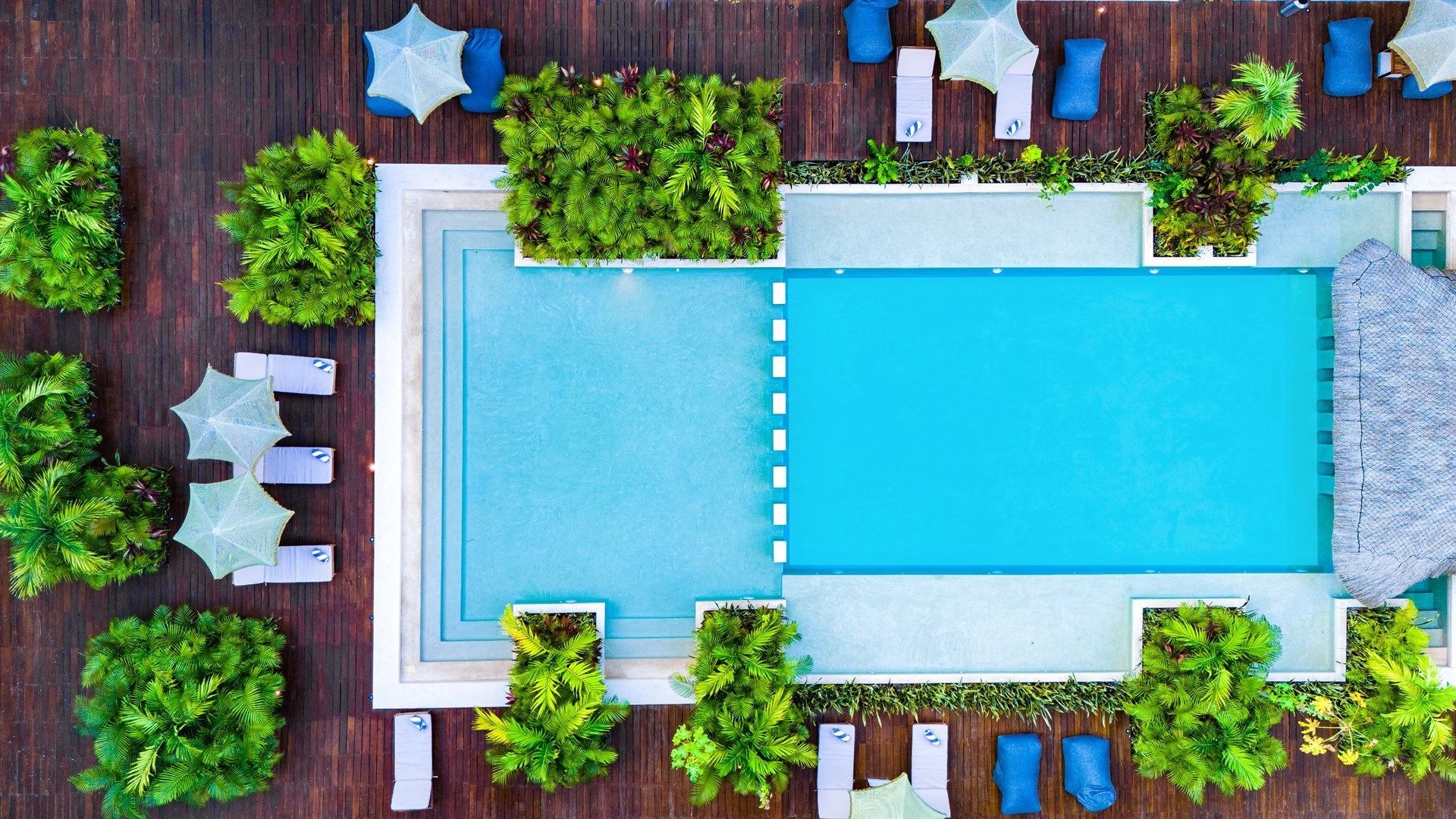 Una vista aérea de una gran piscina rodeada de árboles y sillas. Hotel Bakal Tulum