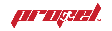 A red propel logo on a white background