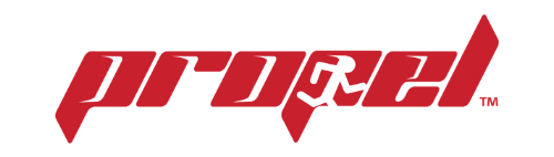A red propel logo on a white background