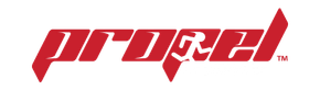 A red propel logo on a white background