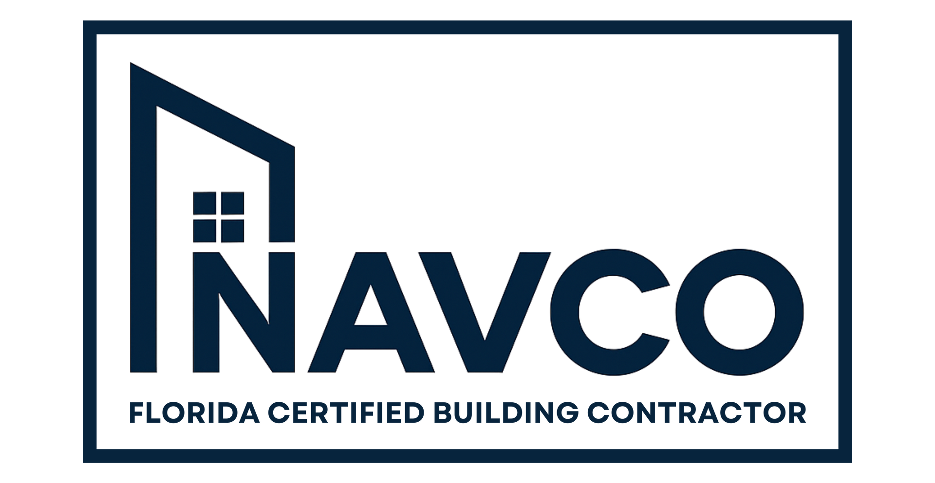 Logo for NAVCO, a Florida certified building contractor, featuring a dark blue house icon and text inside a rectangular box.