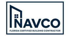 Logo for NAVCO, a Florida certified building contractor, featuring a dark blue house icon and text inside a rectangular box.