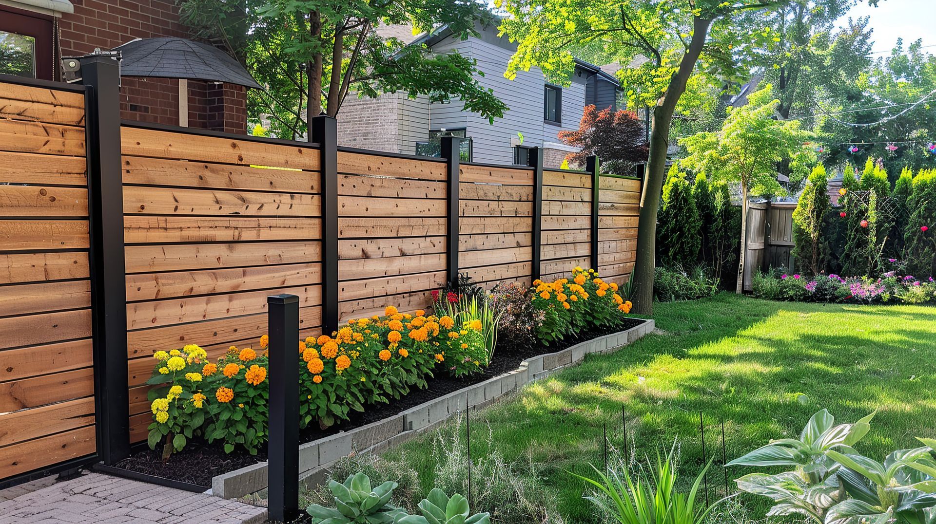 A horizontal wooden fence with black posts lines a backyard garden with yellow and orange flowers.