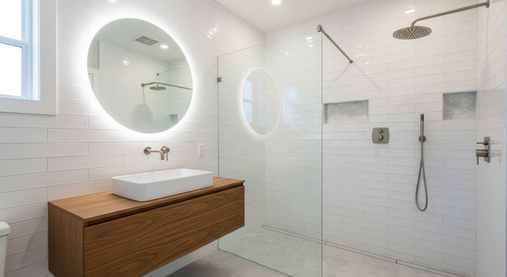 Modern bathroom with white tile, glass shower, wooden vanity, and a round mirror with a lit frame.