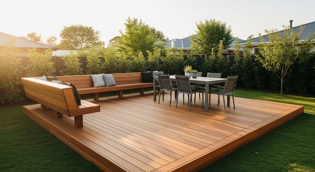Wooden deck with built-in bench, table, and chairs on green lawn.