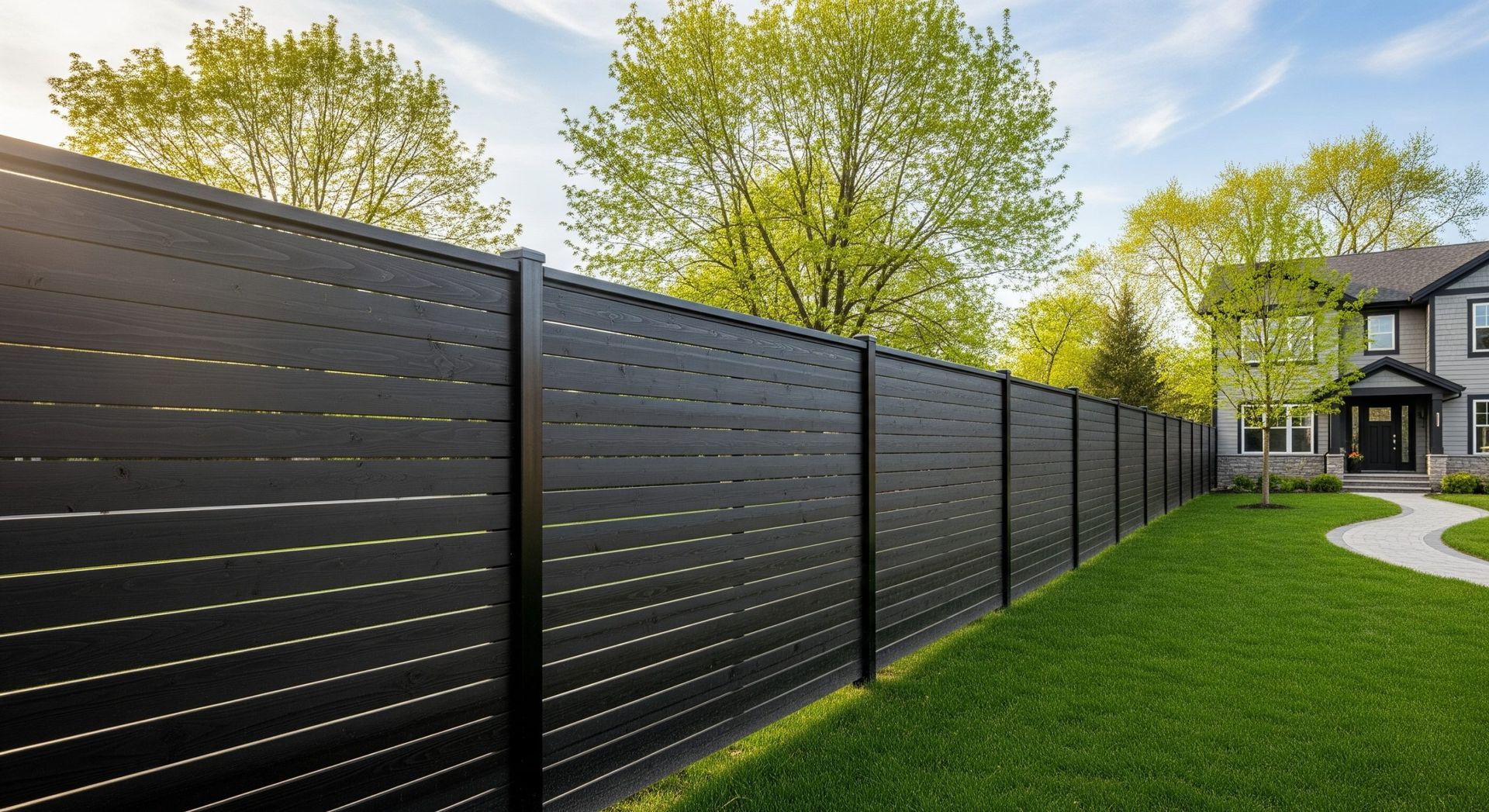 Black horizontal slatted fence in front yard with green grass and house.