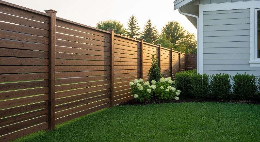 Brown horizontal slat fence borders a green lawn with shrubs and a house.