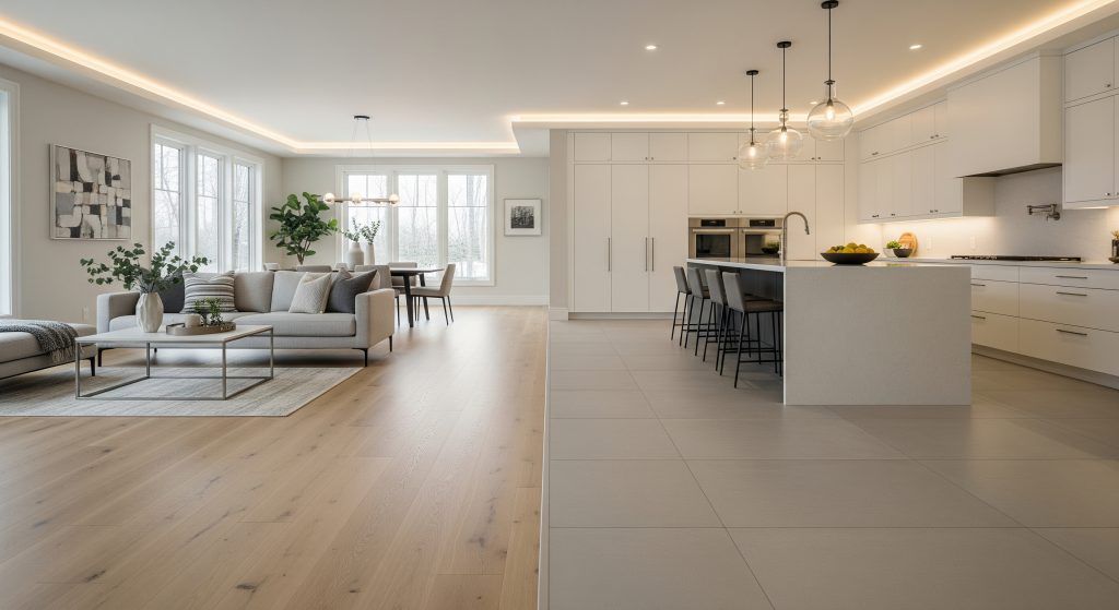 Open-concept living space with light wood floors, white kitchen, and seating area.