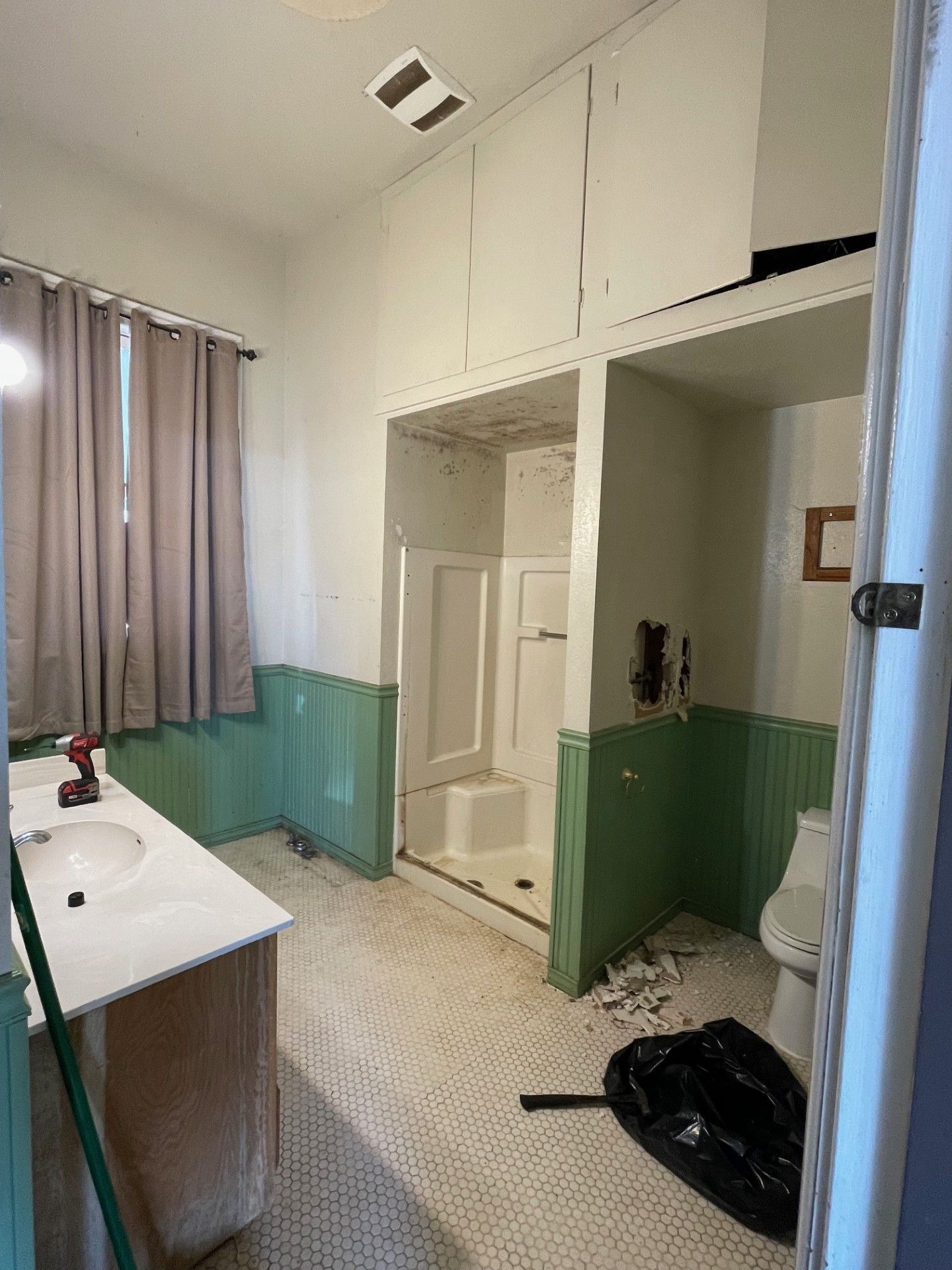 Bathroom undergoing renovation; green wainscoting, white walls, vanity, shower, and toilet visible.