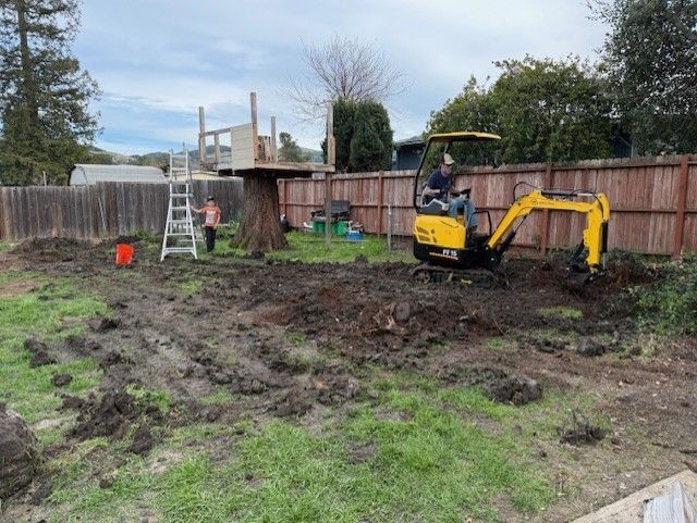 Man operating yellow excavator in a backyard, with a treehouse and person on a ladder visible.
