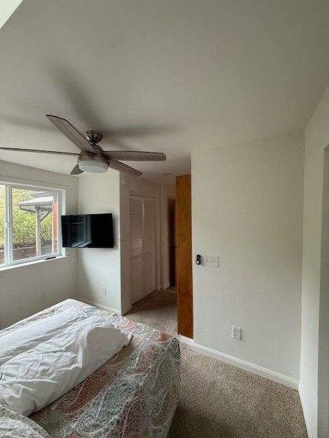 Bedroom with bed, television, ceiling fan, doorway, and window with outdoor view.