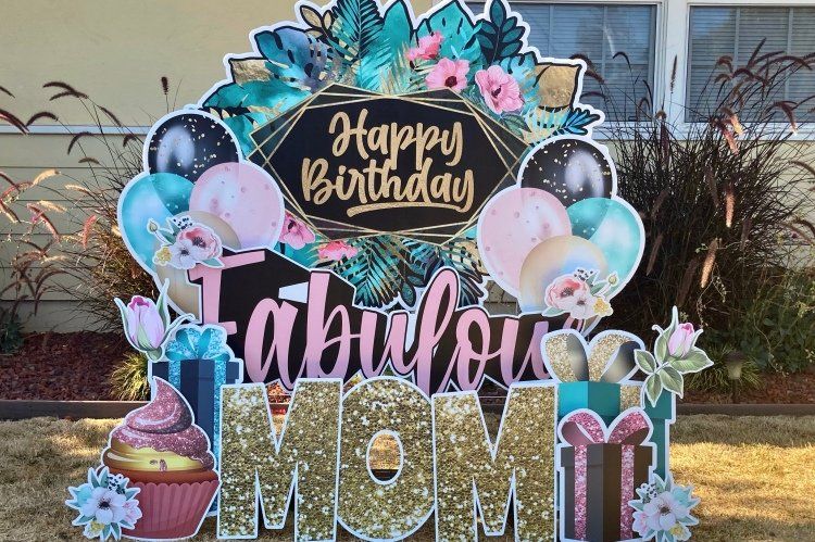 Birthday yard card in rose gold and gold. Tropical theme. 