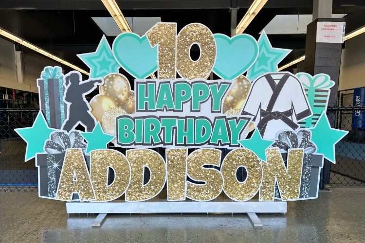 Birthday yard card in teal and gold. Karate theme. 