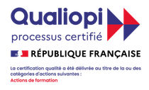 Logo de certification Qualiopi avec drapeau français et texte « Actions de formation ».