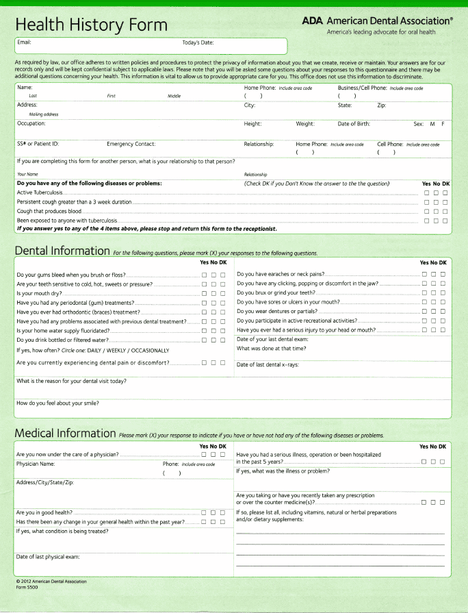 A health history form with a lot of information on it