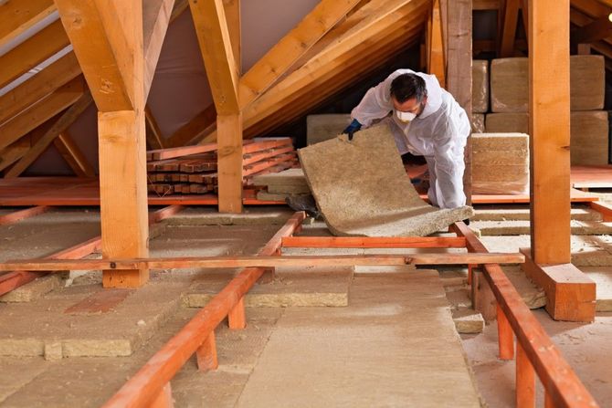 Worker installing insulation in attic with exposed wooden beams and floor joists