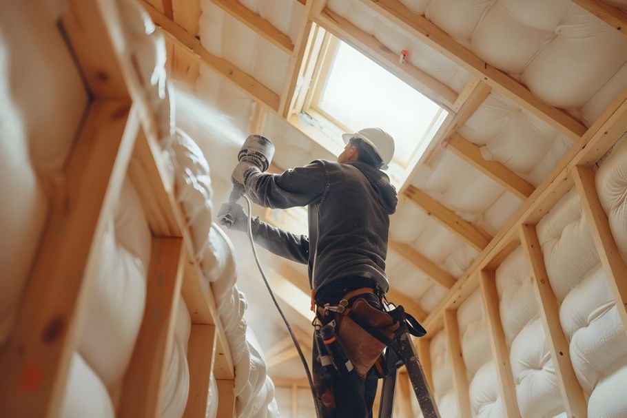 Worker installing insulation in a framed attic, using a power drill near a skylight.