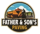 Logo for Father & Son's Paving featuring an illustration of yellow paving equipment and workers on a road.