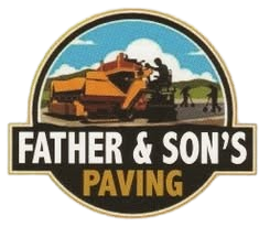 Logo for Father & Son's Paving featuring an illustration of yellow paving equipment and workers on a road.