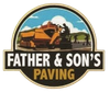 Logo for Father & Son's Paving featuring an illustration of yellow paving equipment and workers on a road.