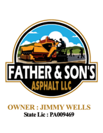 Logo for Father & Sons Asphalt LLC featuring an illustration of yellow paving equipment and workers on a road.