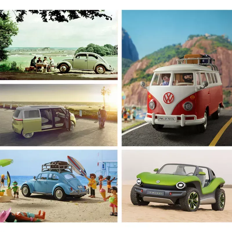 Colagem de veículos Volkswagen: um Fusca antigo, uma van, uma van vermelha e branca e um buggy verde.