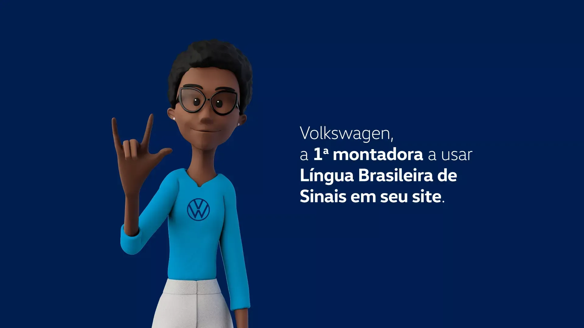 Um desenho animado de uma pessoa vestindo uma camisa azul com o logotipo da Volkswagen fazendo o sinal de