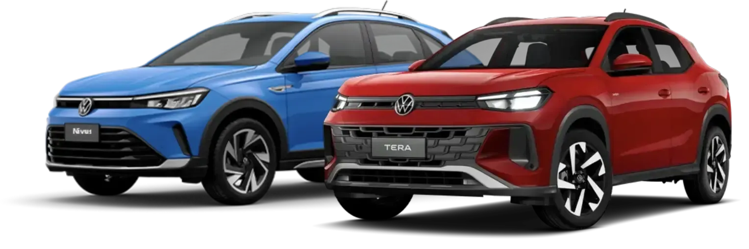 Dois SUVs da Volkswagen: um azul e um vermelho, estacionados lado a lado, exibindo seus perfis frontais.