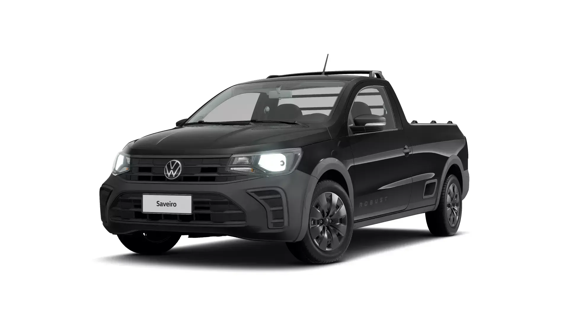 Caminhonete Volkswagen Saveiro preta sobre fundo branco.