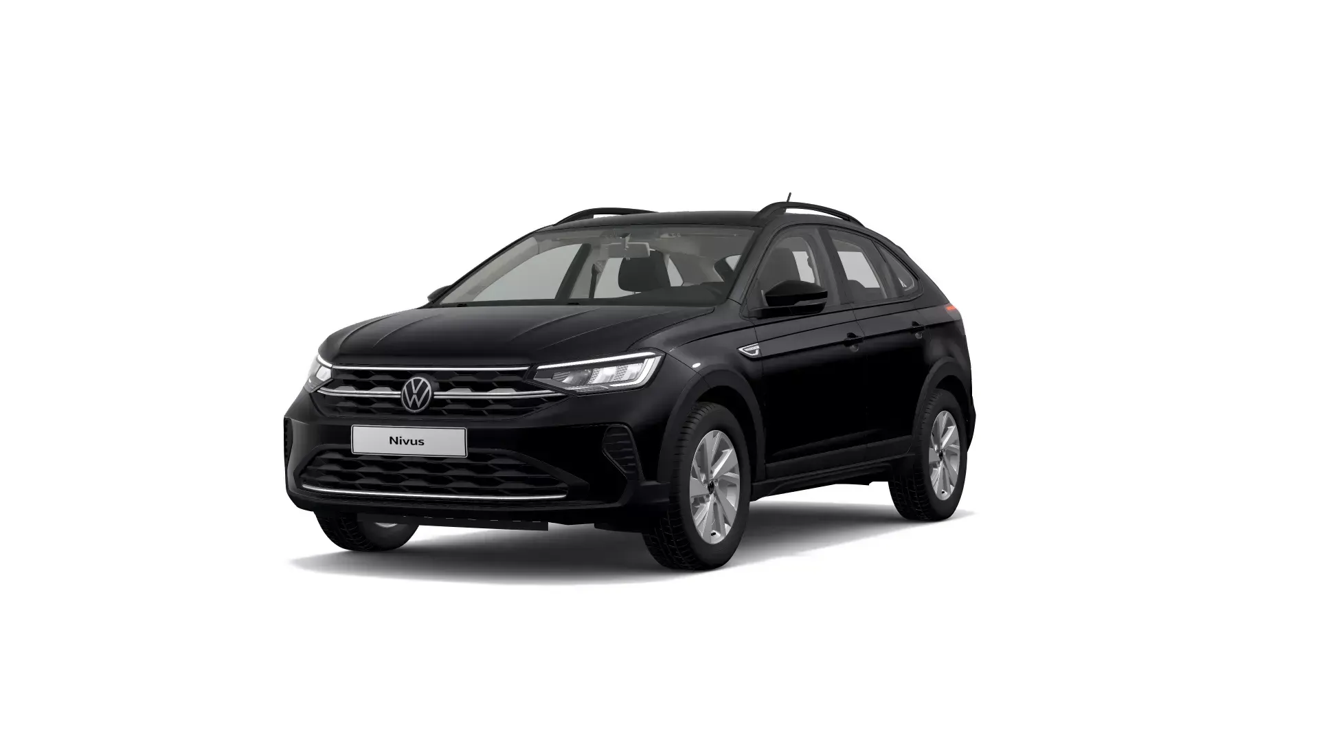 SUV Volkswagen Nivus preto, vista frontal em ângulo sobre fundo branco.