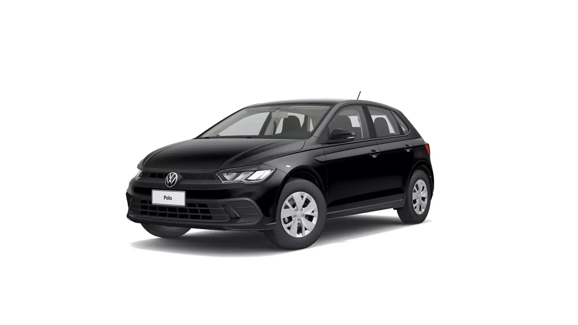 Volkswagen Polo hatchback preto sobre um fundo branco.