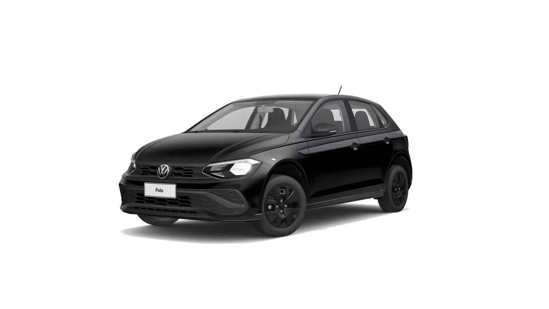 Volkswagen Polo hatchback preto sobre um fundo branco.