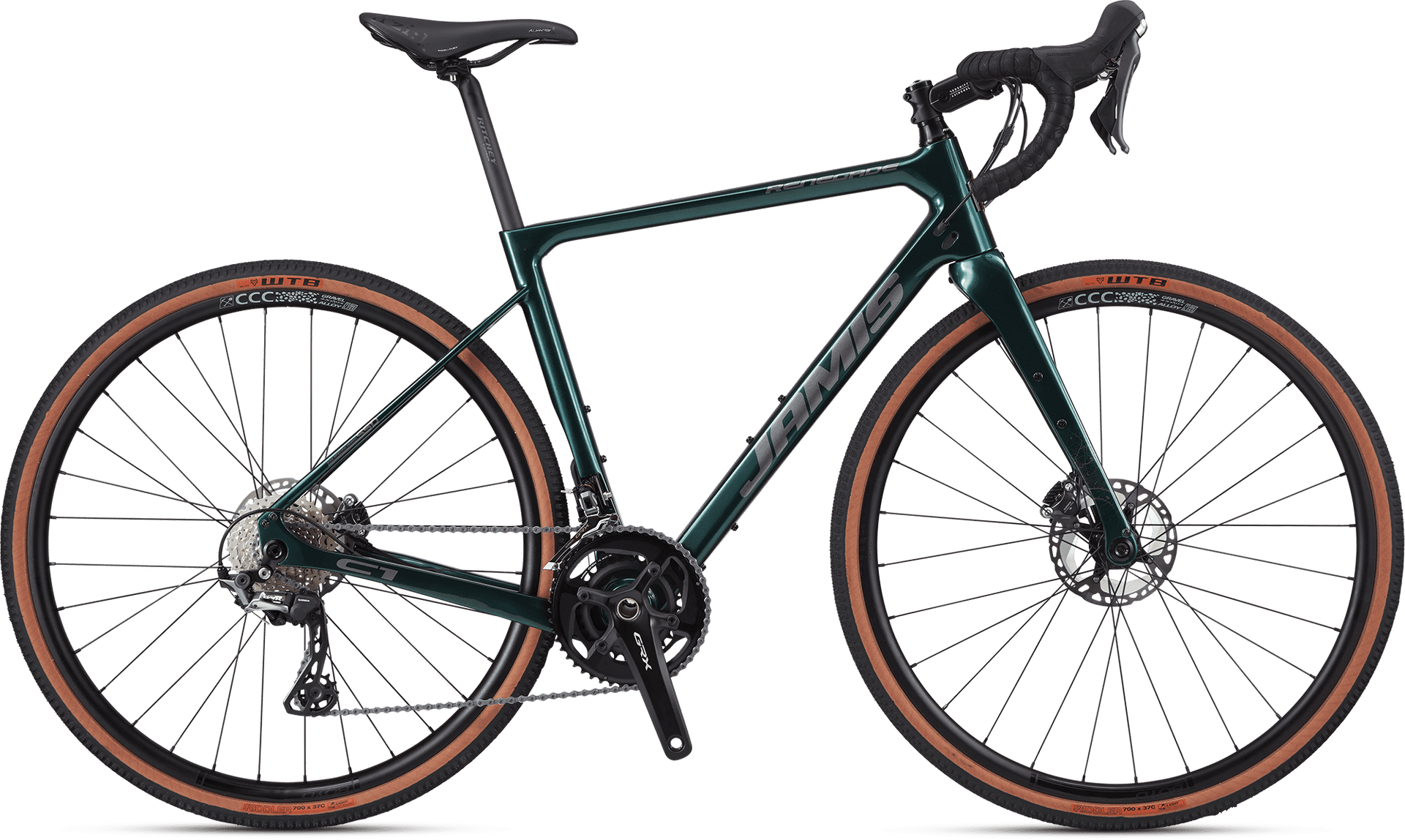 A green gravel bike with brown tires on a white background.