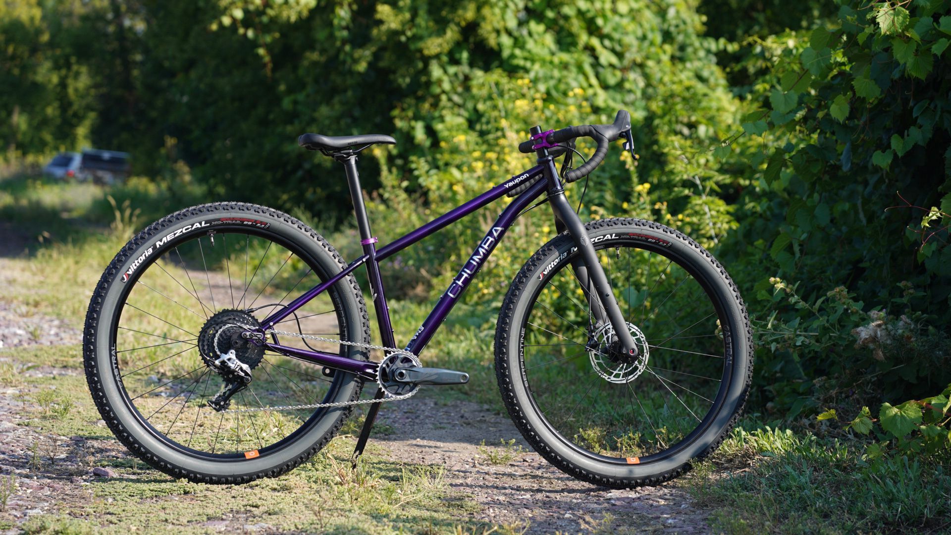 A purple bicycle is parked on the side of a dirt road.