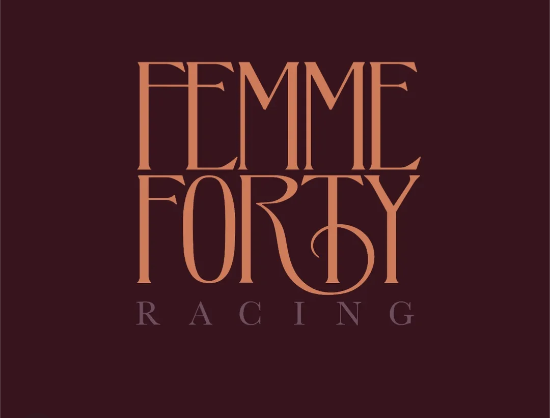 A logo for femme forty racing on a maroon background