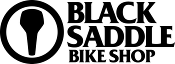 A black and white logo for a bike shop called black saddle bike shop