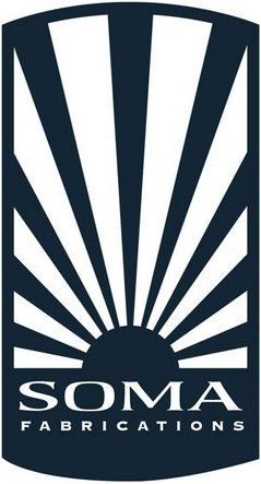 The logo for soma fabrications is a sun with rays coming out of it.
