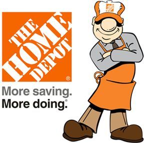 Home Depot logo with a cartoon worker smiling, wearing an apron and hat, arms crossed.