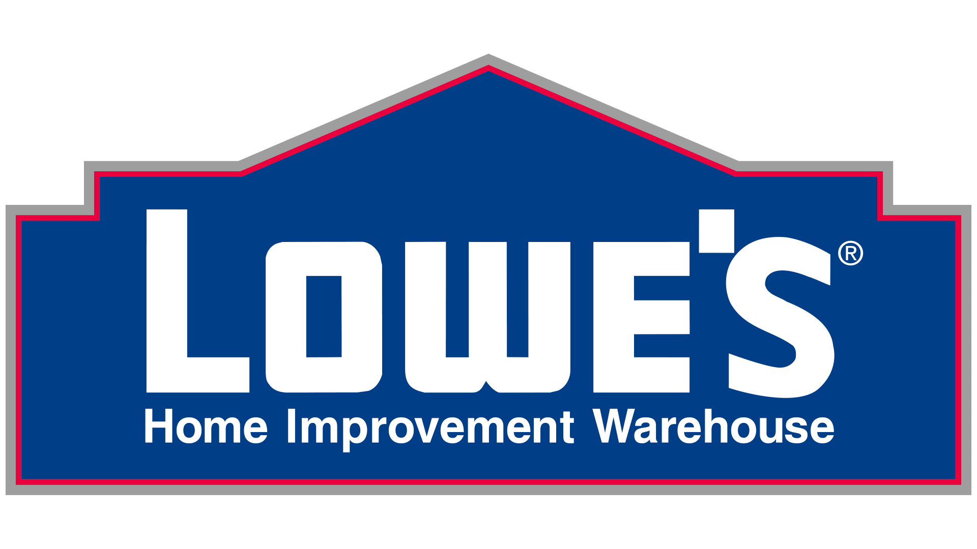 Lowe's logo: blue and white text on a blue background shaped like a house, with red and gray borders.