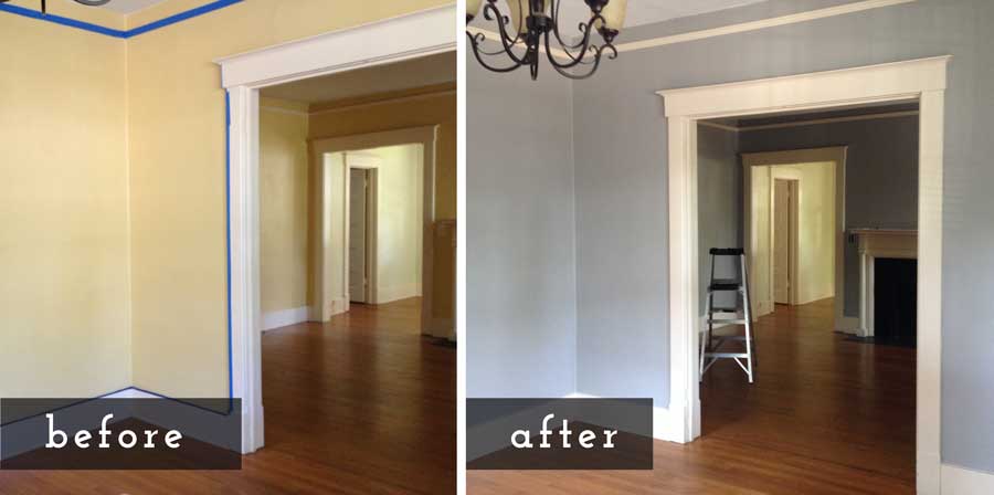Before and after view of a room painted from yellow to gray.