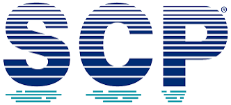 Logo for SCP, blue text with horizontal lines, reflecting in water.