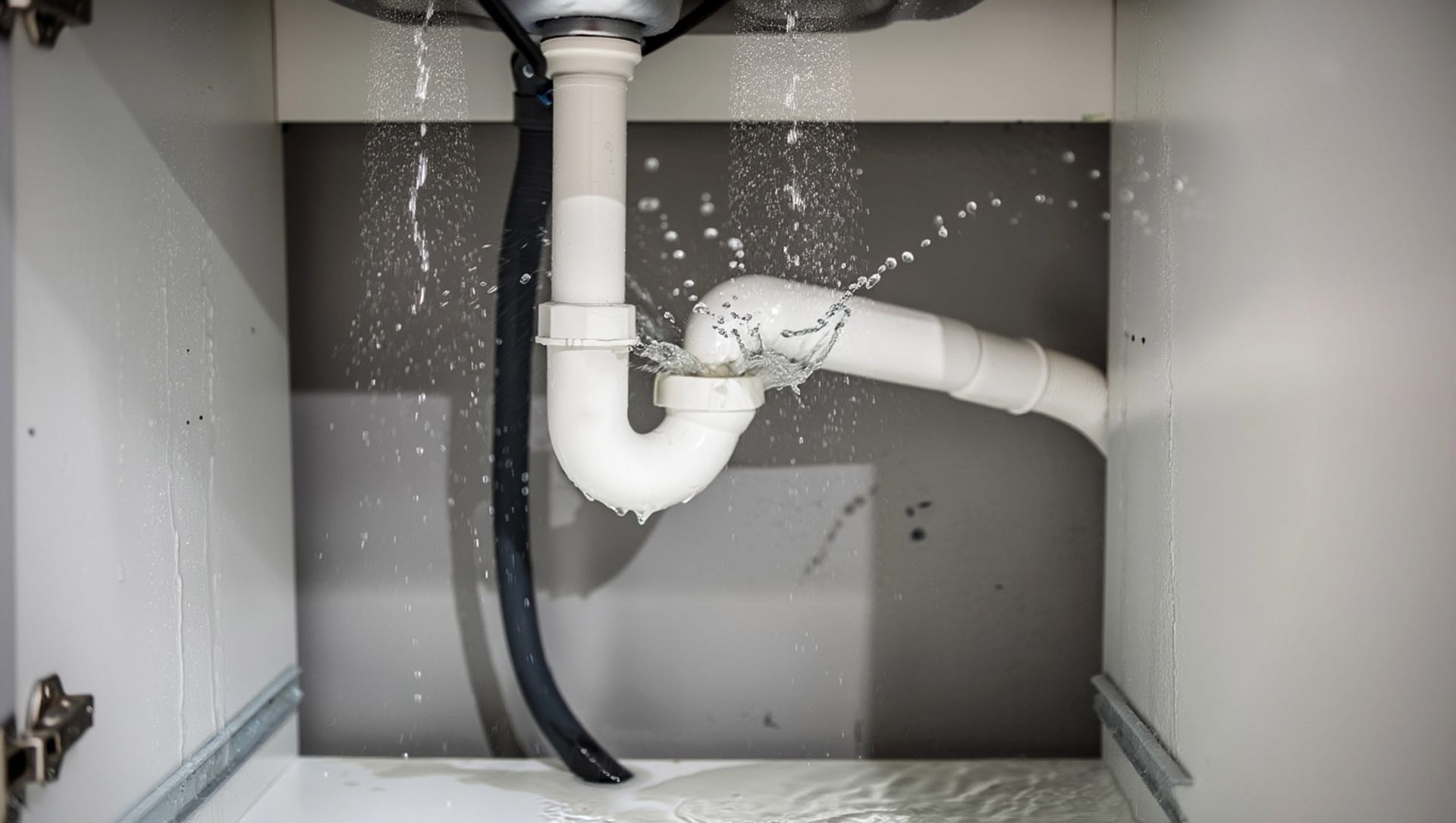 Plumber installing pipes under a water heater. He wears safety glasses and a cap, working in a white-tiled space.