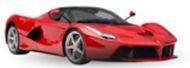 Un'auto sportiva Ferrari rossa su sfondo bianco. L'auto è inclinata verso l'osservatore, mettendo in risalto il suo design elegante.